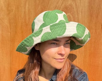 Green hat,Upcycled Wide Brim Summer Hat | Green Pattern Sun Hat | Handmade Sustainable Bucket Hat | Lightweight Cotton Beach Hat