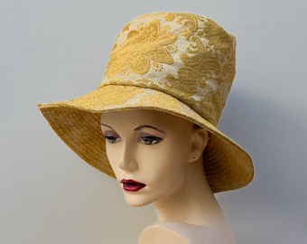 Gold Floral Fabric Top Hat: Upcycled Unisex Festival Headwear (Size L, 59cm/23.23in Head Size)