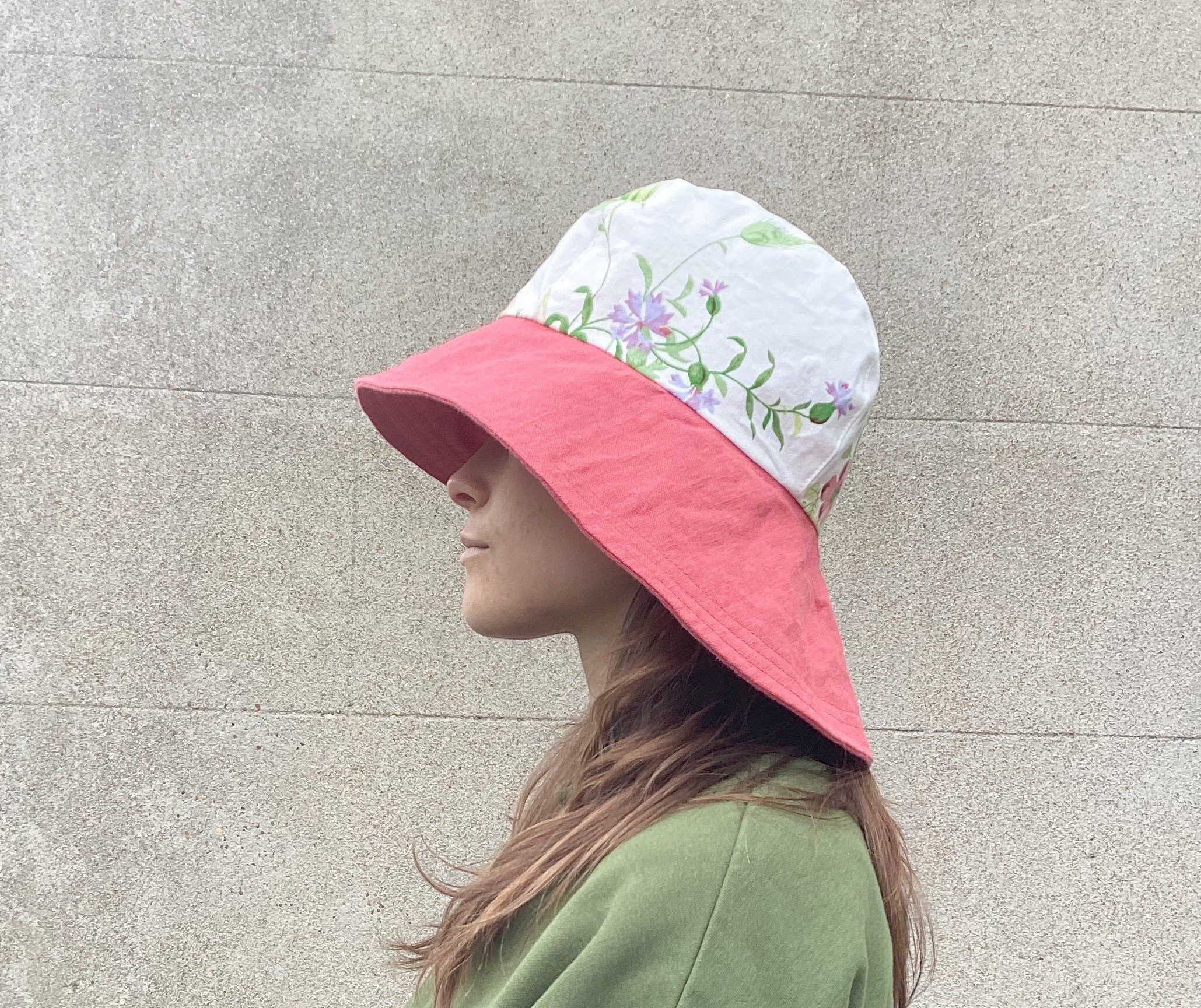Pink Floral Reversible Wide Brim Summer Sun Hat NWT Pink Linen Wide Brim Sun Hat: Reversible Floral Souwester - Etsy main image 2