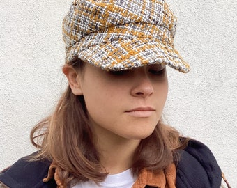 Yellow tweed wool fisherman cap, recycled fabric