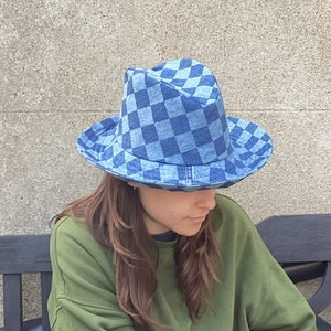 Chic Upcycled Cowboy Hat - Trendy Headwear Created from Checkerboard Jeans&quot;