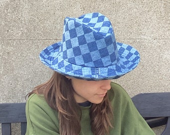 Chic Upcycled Cowboy Hat - Trendy Headwear Created from Checkerboard Jeans"
