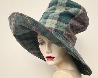 Green Wool Patchwork Wide Brim Hat • Upcycled Wool Tall Crown Hat • Tartan Statement Hat • Handmade Eco-Friendly Hat • Unique Winter Hat
