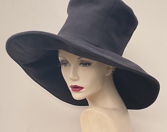 Wide Brim Slouchy Crown Hat in Black – Recycled Wool Statement Hat, Handmade Eco-Friendly Tall Top Hat, Unisex Artist