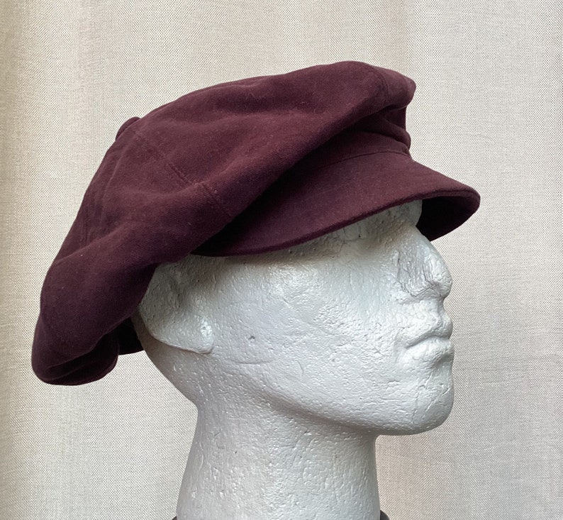 Dark plum oversized 8 panel baker boy cap made from recycled cotton moleskin image 6