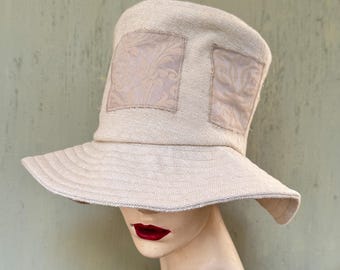 Cream lightweight wool statement hat with floppy brim and appliqué crown. Handmade fabric hat size M/L, Sustainable clothing