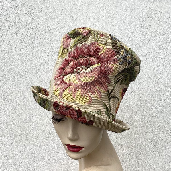 Bohemian Chic: Floral Tapestry Fabric Slouchy Top Hat - Statement Piece