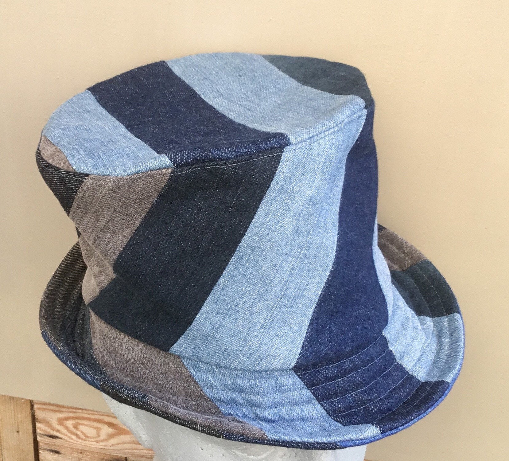 Denim top hat patchwork denim hat Etsy