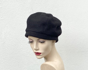 Béret en laine noire, chapeau en tissu recyclé, chapeau en laine à 5 panneaux, chapeau fait main, béret français