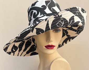 Monochrome Abstract Floral print wide brim sun hat, Handmade summer hat made using recycled fabric, sustainable style
