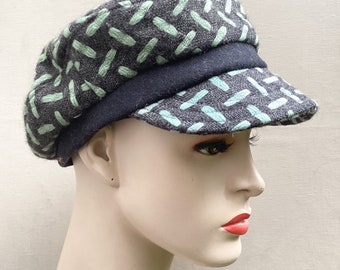 Green and grey patterned wool cap, recycled fabric hat