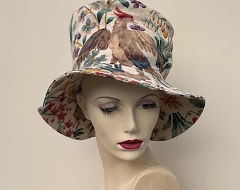 Handmade woodland print slouchy top hat, made from recycled high quality  cotton furnishing fabric