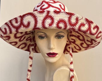Wide Brim Cotton Sun Hat with Ties | Recycled Fabric Hat | Sustainable Summer Sun Hat | Handmade Statement hat