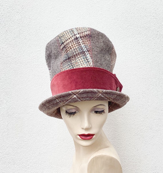 Patchwork Tweed Top Hat With Feather Accent: Recycled Wool  display picture 1