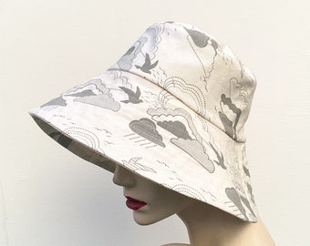 Boho Chic Clouds and Birds Sun Hat - Made with Upcycled Furnishing Fabric