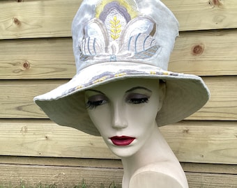 Upcycled Linen Top Hat: Cream Slouchy Hat with Floral Appliqué, Unique hat