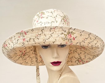 Romantic wide brim sunhat with ties, handmade sunhat made using recycled fabric, sustainable hats, cottagecore