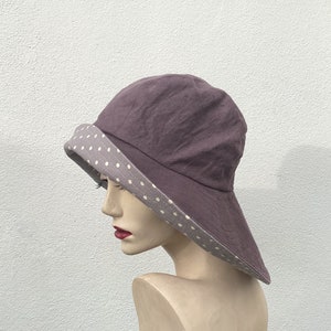 Unique wide brim linen summer hat -  Linen & Cotton recycled fabric, souwester shape, Beach Hat, aubergine colour
