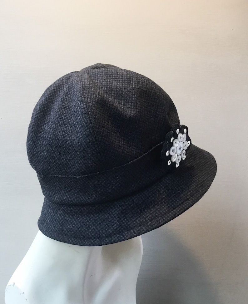 Dark navy cloche hat,classic cloche hat handmade in uk,Downton Abbey style,detachable button brooch,chic cloche,recycled fabric hat