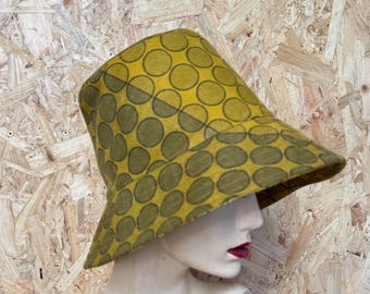 Handmade Tall Crown Bucket Hat | Recycled Fabric | Mustard Yellow Statement Hat | Unique Wide Brim, Cloche Style summer hat