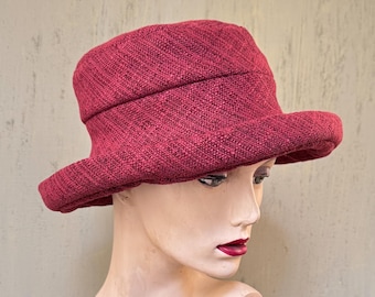 Burgundy textured linen fabric handmade hat, cute summer hat with bias edge brim