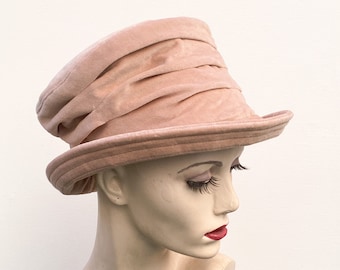 Vintage-Inspired peach Velvet Ruched Top Hat made from Sustainable Recycled Fabric