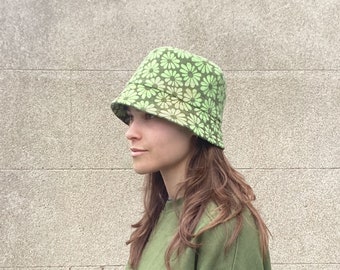 Trendy Towelling Bucket Hat in Green Floral Print - Eco-Friendly Handmade Design, unique bucket hat, festival hat, boho hat
