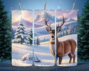 Winter Tumbler Wrap PNG | Snowy Deer, Watercolor Landscape (Digital Download)