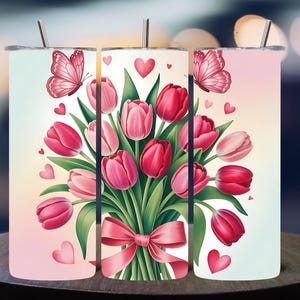 Tulip Tumbler Wrap PNG - Kokette Schleife Nahtlose Sublimationsdesign - Frühling Floral 20 Unzen Skinny Tumbler - Digitaler Download - Geschenk für Sie