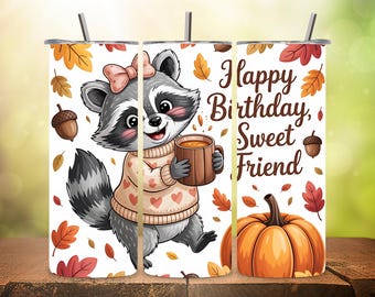 Raccoon Fall Tumbler Wrap PNG | 20oz Skinny Sublimation Design | Autumn Leaves & Cider | Fall Vibes Digital Download