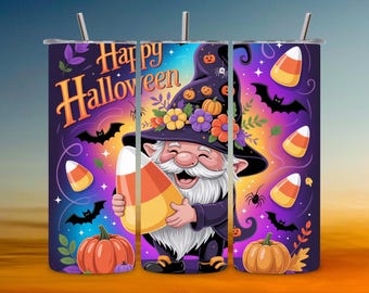 May include: A Halloween-themed tumbler featuring a smiling gnome wearing a witch hat and holding a candy corn. The design includes pumpkins, bats, spiders, and the words "Happy Halloween" in orange. The background is a gradient of purple, blue, and orange.
