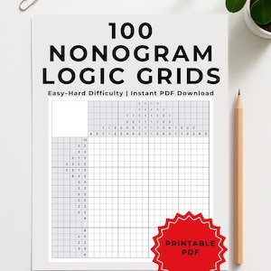 100 Nonogram Logic Grids | Picross Printable Pack | Brain Teaser PDF | Easy–Hard