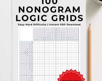 ノノグラム ロジック グリッド 100 枚 | ピクロス 印刷可能パック | 脳トレ PDF | 簡単～難しい