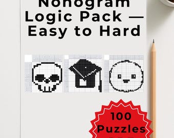 ノノグラム論理パズルパック | ピクロスグリッド100枚 | 印刷可能な脳トレゲームPDF