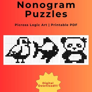 100 puzzles nonogrammes d'animaux | Grilles artistiques de logique Picross | PDF imprimable | Numérique