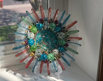 Repurposed Glass Dessert Plate: Beaded & Glitter Decor