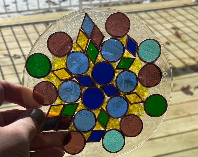 Repurposed Glass Dessert Plate: Colored Glass Mosaic pieces
