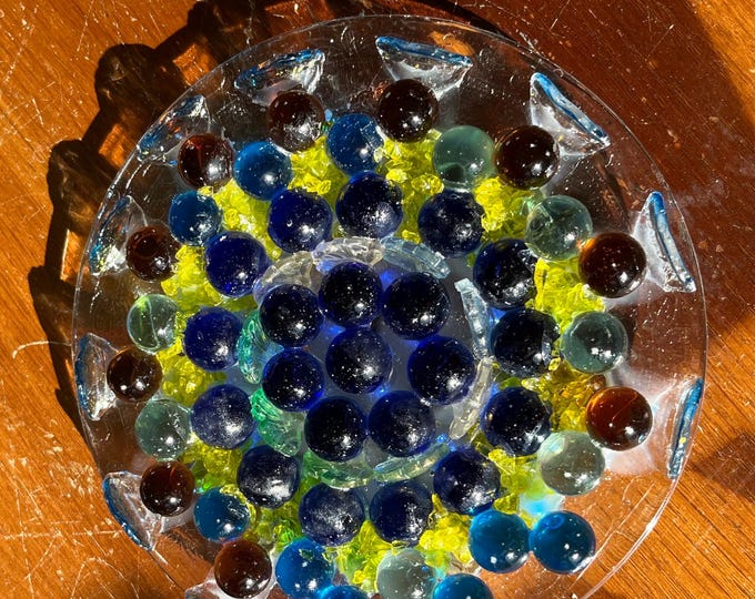 Repurposed Glass Dessert Plate: Marble and Glass Beaded Decor