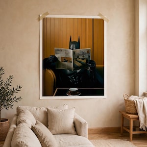 May include: A framed wall art print featuring a black-clad figure with a pointed cowl reading a newspaper titled The Guardian. The figure sits in a booth with mustard yellow walls, and a small dark table with a coffee cup is in the foreground.