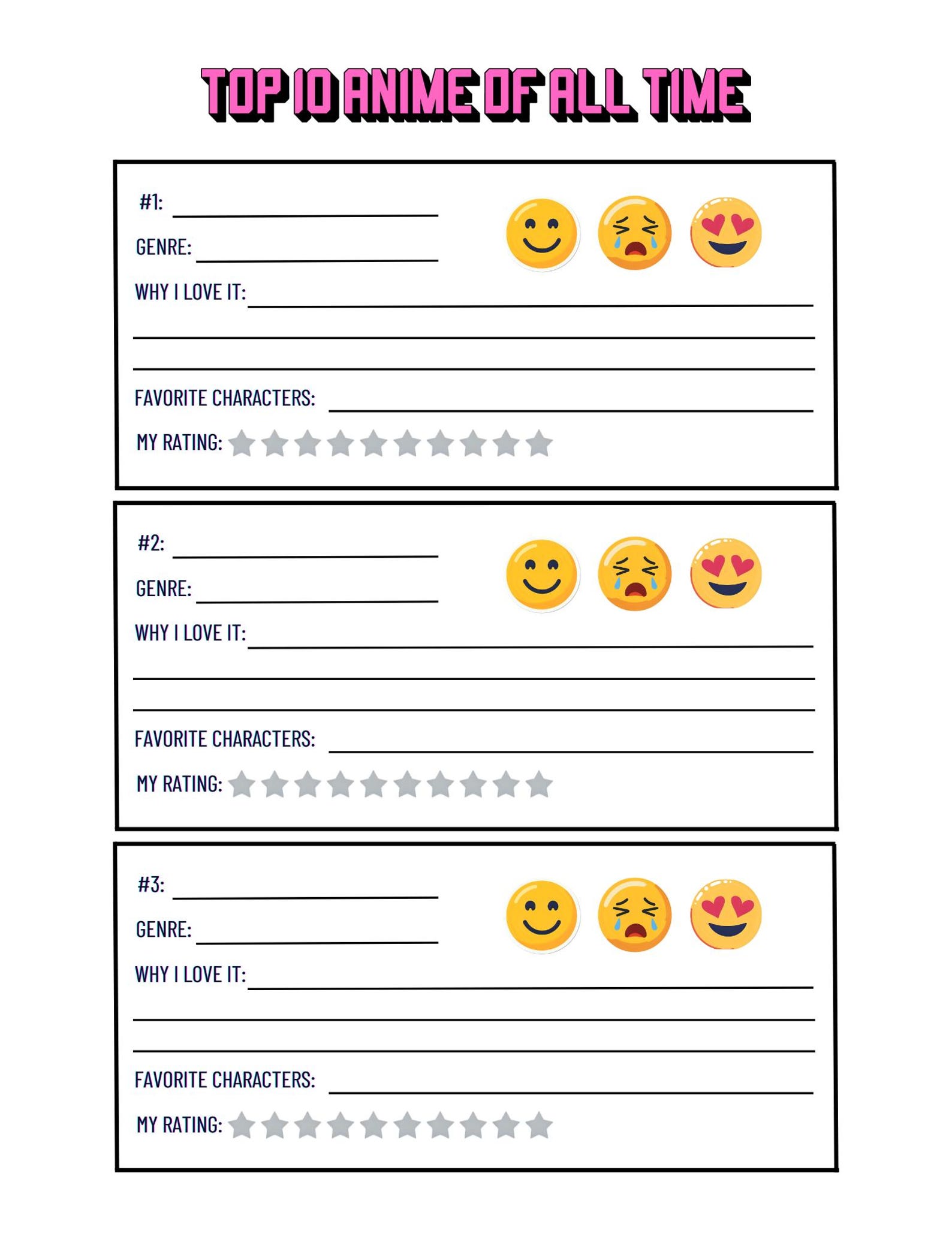Printable Anime Review Template I Anime Rating Sheet I Otaku Journal ...