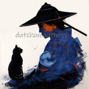 Puede incluir: Impresión artística abstracta que representa una figura con sombrero de ala ancha y túnica azul, con un gato negro. La figura tiene acentos naranjas en la cara. La obra tiene un aspecto texturizado y pintado con el texto "dutchuniqueness".