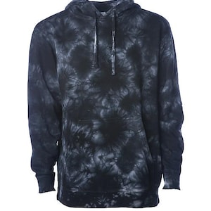 May include: A black and gray tie-dye hoodie with a drawstring hood and a front pocket. The sweatshirt has long sleeves and ribbed cuffs. The fabric has a swirling pattern of dark and light shades.