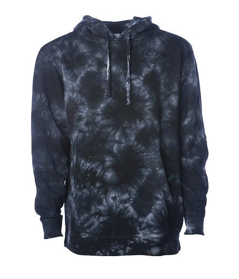 May include: A black and gray tie-dye hoodie with a drawstring hood and a front pocket. The sweatshirt has long sleeves and ribbed cuffs. The fabric has a swirling pattern of dark and light shades.