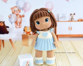 Handmade Crochet Doll - Amigurumi Girl with Blue Dress & Bear Hat