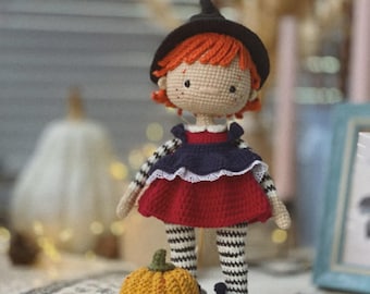Boneca Bruxa de Crochê Feita à Mão – Decoração de Halloween em Amigurumi, Boneca Artística Assustadora com Abóbora