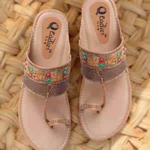 Handmade Women’s Embellished One-Toe Kolhapuri Flats | Ethnic Beige Slip-On Sandals | PU Sole Comfort Footwear by SnapVibeTreasures