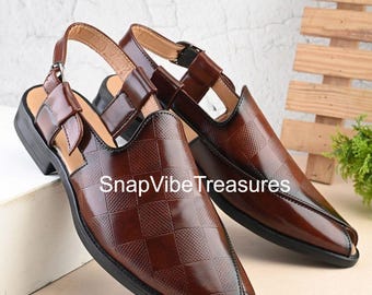 Handmade Brown Peshawari Sandals: Men's Ethnic Buckle Comfort Flats