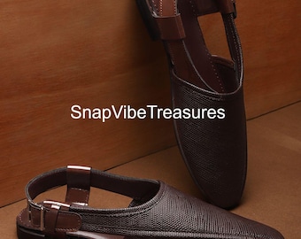 Handmade Coffee Brown Peshawari Sandals: Synthetic Leather Buckle Flats