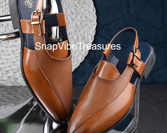 Handmade Tan Peshawari Sandals: Textured PU Leather Ethnic Flats