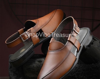 Handmade Brown Leather Peshawari Sandals: Buckle Strap Ethnic Flats